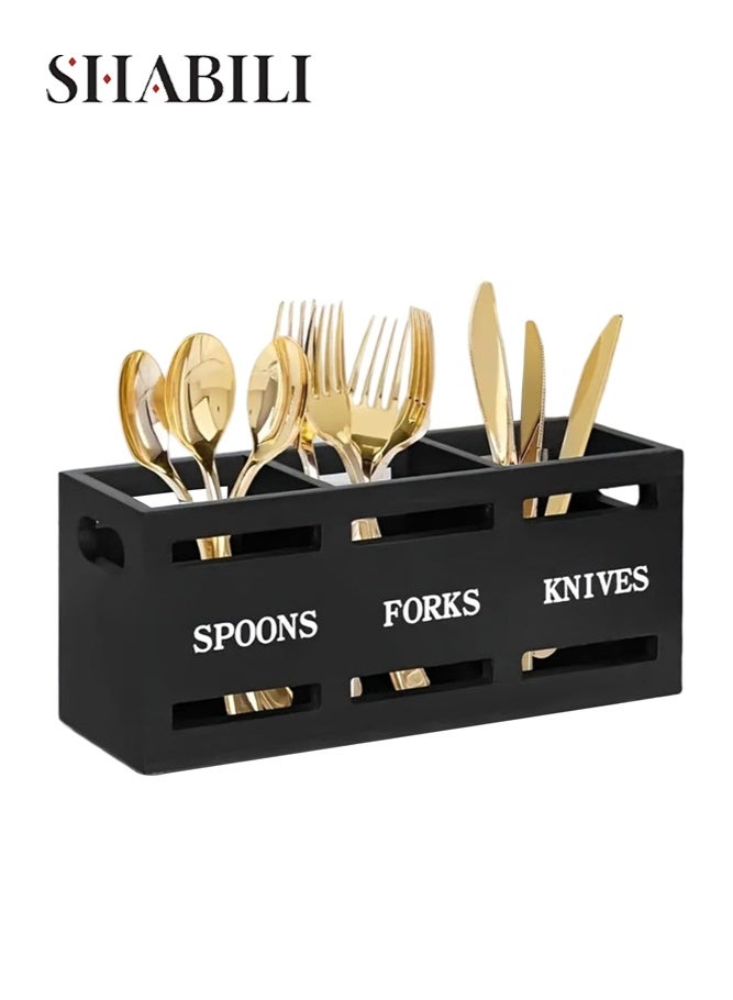 SHABILI Rustic Farmhouse Organizer Wooden Kitchen Utensil Holder Flatware Caddies, 3-Compartment Cutlery Holder Caddy for Home Cooking Scenes, Large Capacity, Handles and Stable Design for Neat Countertop Storage (Black) - Image 1